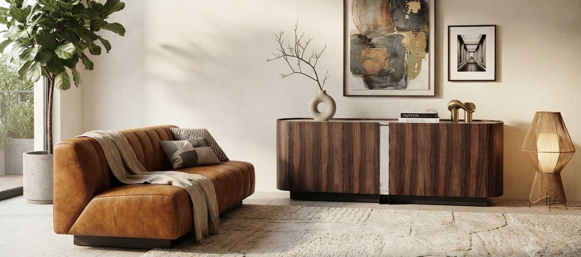 Buffet viVbo en bois avec plateau céramique, dans un salon contemporain